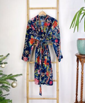 Luxury Velvet House Knee Short Robe Unisex Kimono Boho Jacket Reversible Indian Art Silk Quirky Autumn Winter Gift Rich Blue Exotic Forest - Image 3