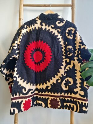 Suzani Hand Embroidered Short Jacket | Autumn Winter Boho Uzbek Kashmir Crewel | Christmas Special Gift | Classic Elegant Beige Black Red | - Image 3