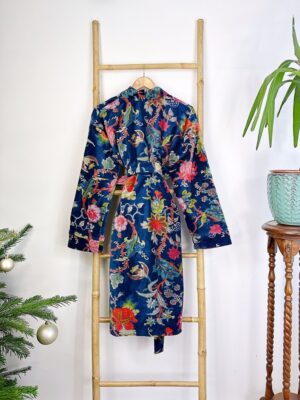 Luxury Velvet House Knee Short Robe Unisex Kimono Boho Jacket Reversible Indian Art Silk Quirky Autumn Winter Gift Rich Blue Exotic Forest - Image 4