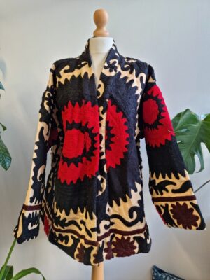 Suzani Hand Embroidered Short Jacket | Autumn Winter Boho Uzbek Kashmir Crewel | Christmas Special Gift | Classic Elegant Beige Black Red | - Image 4
