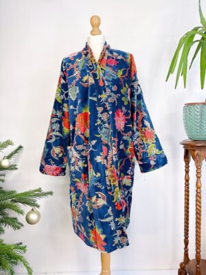 Luxury Velvet House Knee Short Robe Unisex Kimono Boho Jacket Reversible Indian Art Silk Quirky Autumn Winter Gift Rich Blue Exotic Forest - Image 5