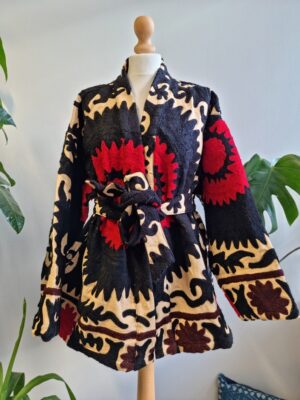 Suzani Hand Embroidered Short Jacket | Autumn Winter Boho Uzbek Kashmir Crewel | Christmas Special Gift | Classic Elegant Beige Black Red | - Image 5