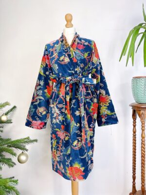 Luxury Velvet House Knee Short Robe Unisex Kimono Boho Jacket Reversible Indian Art Silk Quirky Autumn Winter Gift Rich Blue Exotic Forest - Image 6