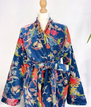 Luxury Velvet House Knee Short Robe Unisex Kimono Boho Jacket Reversible Indian Art Silk Quirky Autumn Winter Gift Rich Blue Exotic Forest - Image 7