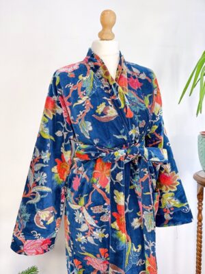 Luxury Velvet House Knee Short Robe Unisex Kimono Boho Jacket Reversible Indian Art Silk Quirky Autumn Winter Gift Rich Blue Exotic Forest - Image 8
