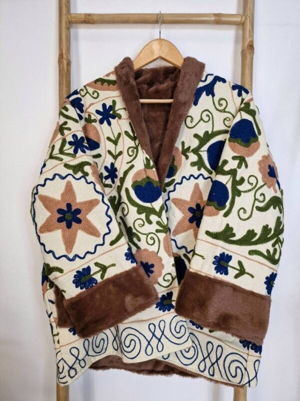 Suzani Hand Embroidered Unisex Short Jacket Warm Lined Boho Gypsy Crewel Special Love Valentine Gift Elegant Beige Navy Olive Pomegranate