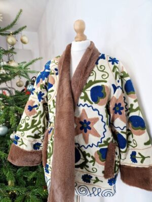 Suzani Hand Embroidered Unisex Short Jacket Warm Lined Boho Gypsy Crewel Special Love Valentine Gift Elegant Beige Navy Olive Pomegranate - Image 2