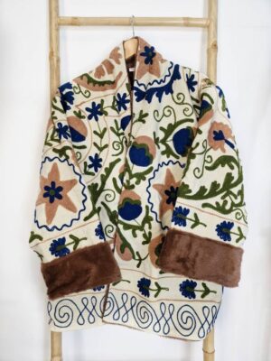 Suzani Hand Embroidered Unisex Short Jacket Warm Lined Boho Gypsy Crewel Special Love Valentine Gift Elegant Beige Navy Olive Pomegranate - Image 3