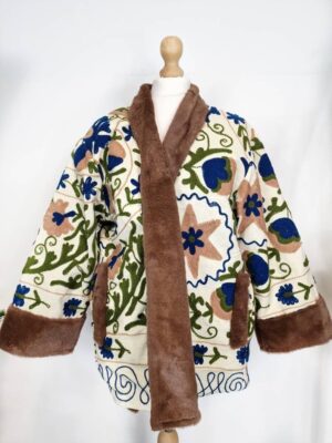 Suzani Hand Embroidered Unisex Short Jacket Warm Lined Boho Gypsy Crewel Special Love Valentine Gift Elegant Beige Navy Olive Pomegranate - Image 4