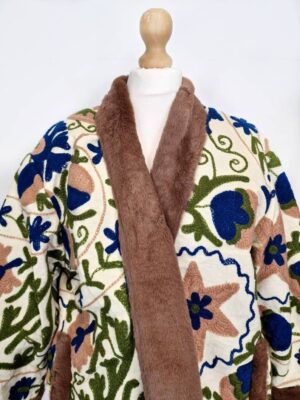 Suzani Hand Embroidered Unisex Short Jacket Warm Lined Boho Gypsy Crewel Special Love Valentine Gift Elegant Beige Navy Olive Pomegranate - Image 6