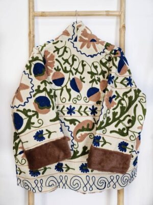 Suzani Hand Embroidered Unisex Short Jacket Warm Lined Boho Gypsy Crewel Special Love Valentine Gift Elegant Beige Navy Olive Pomegranate - Image 7