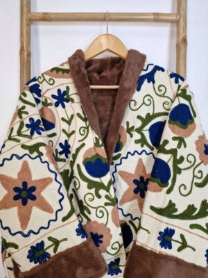 Suzani Hand Embroidered Unisex Short Jacket Warm Lined Boho Gypsy Crewel Special Love Valentine Gift Elegant Beige Navy Olive Pomegranate - Image 8