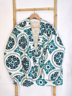 Suzani Hand Embroidered Short Jacket | All Season Bohemian Gypsy | Love Special Gift | Classic White Teal Green Aqua Hue Geometric Mandala - Image 2