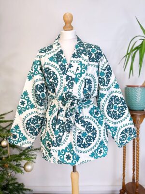 Suzani Hand Embroidered Short Jacket | All Season Bohemian Gypsy | Love Special Gift | Classic White Teal Green Aqua Hue Geometric Mandala - Image 4