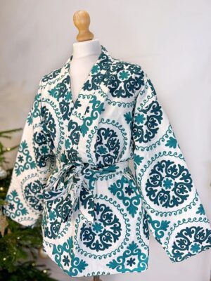 Suzani Hand Embroidered Short Jacket | All Season Bohemian Gypsy | Love Special Gift | Classic White Teal Green Aqua Hue Geometric Mandala - Image 5
