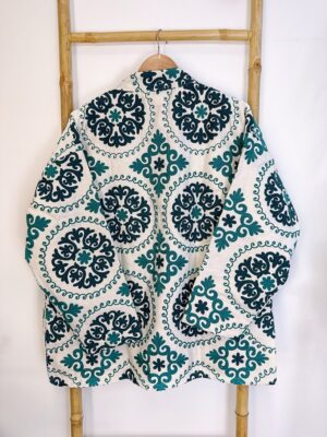 Suzani Hand Embroidered Short Jacket | All Season Bohemian Gypsy | Love Special Gift | Classic White Teal Green Aqua Hue Geometric Mandala - Image 6
