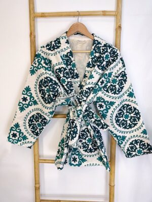 Suzani Hand Embroidered Short Jacket | All Season Bohemian Gypsy | Love Special Gift | Classic White Teal Green Aqua Hue Geometric Mandala - Image 7
