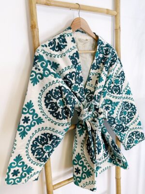 Suzani Hand Embroidered Short Jacket | All Season Bohemian Gypsy | Love Special Gift | Classic White Teal Green Aqua Hue Geometric Mandala - Image 8