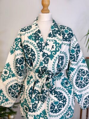 Suzani Hand Embroidered Short Jacket | All Season Bohemian Gypsy | Love Special Gift | Classic White Teal Green Aqua Hue Geometric Mandala - Image 9
