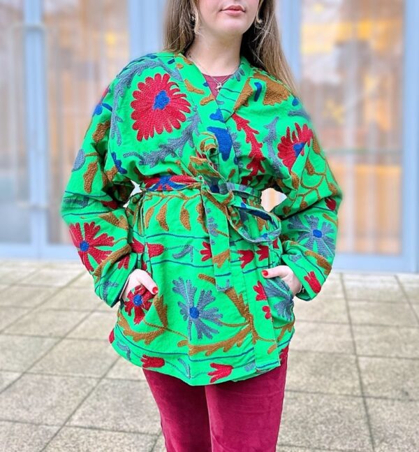 Suzani Hand Embroidered Short Jacket | Autumn Winter Boho Gypsy Kashmir Crewel | Love Special Gift | Quirky Bright Parrot Green Grey Red