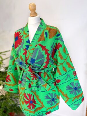 Suzani Hand Embroidered Short Jacket | Autumn Winter Boho Gypsy Kashmir Crewel | Love Special Gift | Quirky Bright Parrot Green Grey Red - Image 10