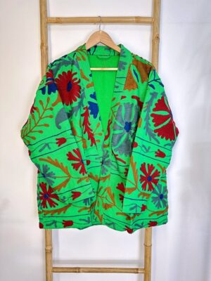 Suzani Hand Embroidered Short Jacket | Autumn Winter Boho Gypsy Kashmir Crewel | Love Special Gift | Quirky Bright Parrot Green Grey Red - Image 2