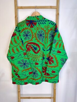 Suzani Hand Embroidered Short Jacket | Autumn Winter Boho Gypsy Kashmir Crewel | Love Special Gift | Quirky Bright Parrot Green Grey Red - Image 3