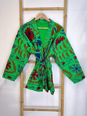 Suzani Hand Embroidered Short Jacket | Autumn Winter Boho Gypsy Kashmir Crewel | Love Special Gift | Quirky Bright Parrot Green Grey Red - Image 4