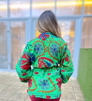 Suzani Hand Embroidered Short Jacket | Autumn Winter Boho Gypsy Kashmir Crewel | Love Special Gift | Quirky Bright Parrot Green Grey Red - Image 5