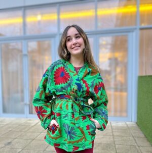 Suzani Hand Embroidered Short Jacket | Autumn Winter Boho Gypsy Kashmir Crewel | Love Special Gift | Quirky Bright Parrot Green Grey Red - Image 6