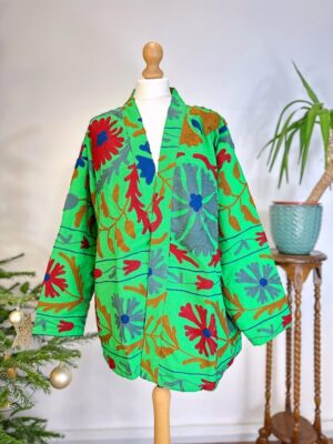 Suzani Hand Embroidered Short Jacket | Autumn Winter Boho Gypsy Kashmir Crewel | Love Special Gift | Quirky Bright Parrot Green Grey Red - Image 7