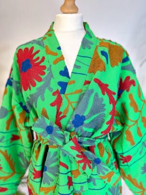 Suzani Hand Embroidered Short Jacket | Autumn Winter Boho Gypsy Kashmir Crewel | Love Special Gift | Quirky Bright Parrot Green Grey Red - Image 9