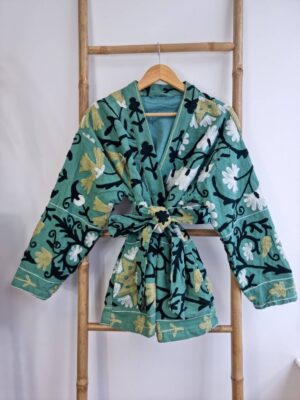 Suzani Hand Embroidered Short Jacket | Autumn Winter Boho Uzbek Kashmir Crewel | Christmas Special Gift | Classic Elegant Slated Aqua Green - Image 2