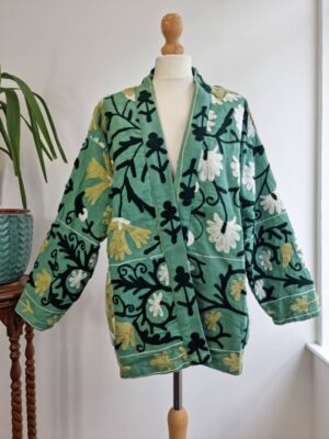 Suzani Hand Embroidered Short Jacket | Autumn Winter Boho Uzbek Kashmir Crewel | Christmas Special Gift | Classic Elegant Slated Aqua Green - Image 3