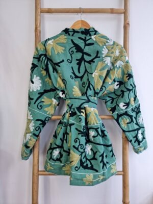 Suzani Hand Embroidered Short Jacket | Autumn Winter Boho Uzbek Kashmir Crewel | Christmas Special Gift | Classic Elegant Slated Aqua Green - Image 4