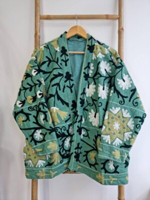 Suzani Hand Embroidered Short Jacket | Autumn Winter Boho Uzbek Kashmir Crewel | Christmas Special Gift | Classic Elegant Slated Aqua Green - Image 5