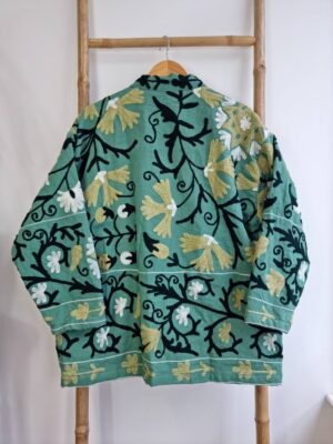 Suzani Hand Embroidered Short Jacket | Autumn Winter Boho Uzbek Kashmir Crewel | Christmas Special Gift | Classic Elegant Slated Aqua Green - Image 6