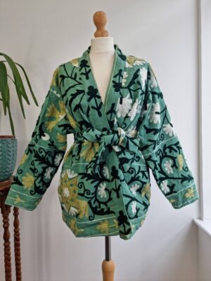 Suzani Hand Embroidered Short Jacket | Autumn Winter Boho Uzbek Kashmir Crewel | Christmas Special Gift | Classic Elegant Slated Aqua Green - Image 7