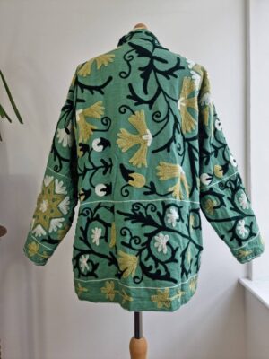 Suzani Hand Embroidered Short Jacket | Autumn Winter Boho Uzbek Kashmir Crewel | Christmas Special Gift | Classic Elegant Slated Aqua Green - Image 8