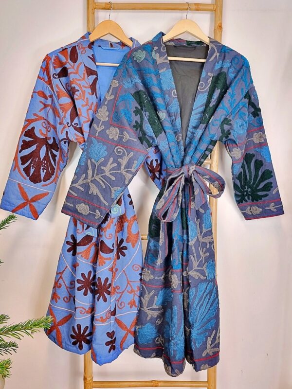 Suzani Hand Embroidered Long Jacket | Winter Boho Uzbek Kashmir Crewel | Christmas Special Gift | Classic Deep Blue Garden Exotic Romance