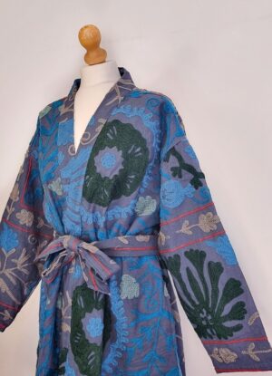Suzani Hand Embroidered Long Jacket | Winter Boho Uzbek Kashmir Crewel | Christmas Special Gift | Classic Deep Blue Garden Exotic Romance - Image 3