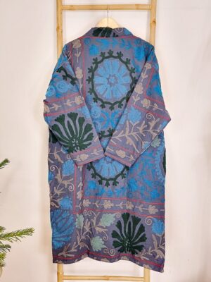 Suzani Hand Embroidered Long Jacket | Winter Boho Uzbek Kashmir Crewel | Christmas Special Gift | Classic Deep Blue Garden Exotic Romance - Image 4