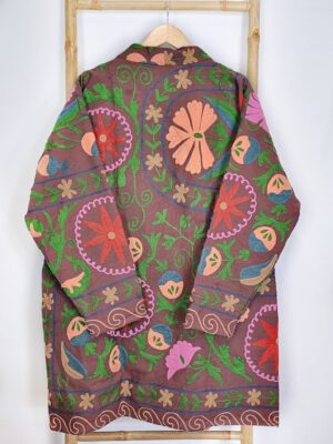 Suzani Hand Embroidery Open Jacket | Winter Boho Gypsy Kashmir Crewel | Christmas Special Gift | Birch Burnt Brown Red Garden Exotic Romance - Image 2