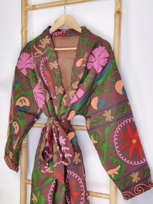 Suzani Hand Embroidery Open Jacket | Winter Boho Gypsy Kashmir Crewel | Christmas Special Gift | Birch Burnt Brown Red Garden Exotic Romance - Image 3