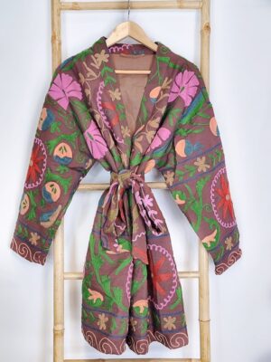 Suzani Hand Embroidery Open Jacket | Winter Boho Gypsy Kashmir Crewel | Christmas Special Gift | Birch Burnt Brown Red Garden Exotic Romance - Image 4