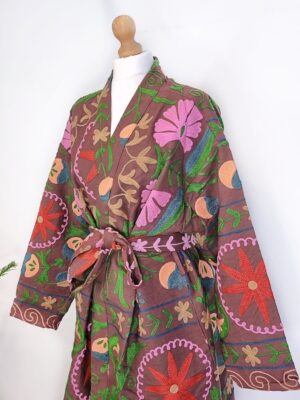 Suzani Hand Embroidery Open Jacket | Winter Boho Gypsy Kashmir Crewel | Christmas Special Gift | Birch Burnt Brown Red Garden Exotic Romance - Image 5