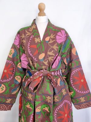 Suzani Hand Embroidery Open Jacket | Winter Boho Gypsy Kashmir Crewel | Christmas Special Gift | Birch Burnt Brown Red Garden Exotic Romance - Image 6