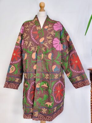 Suzani Hand Embroidery Open Jacket | Winter Boho Gypsy Kashmir Crewel | Christmas Special Gift | Birch Burnt Brown Red Garden Exotic Romance - Image 7