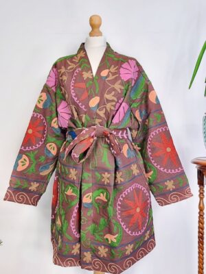 Suzani Hand Embroidery Open Jacket | Winter Boho Gypsy Kashmir Crewel | Christmas Special Gift | Birch Burnt Brown Red Garden Exotic Romance - Image 8
