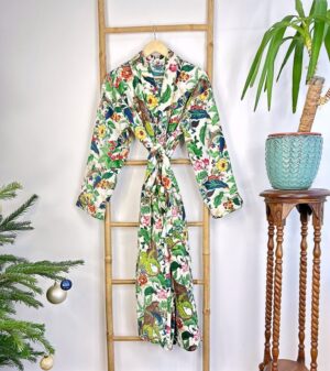 Luxury Velvet House Robe Unisex Kimono Boho Jacket Lined Winter Gift Quirky Monkey Urban White Green Rust Orange | Jungle Christmas Vibe - Image 4